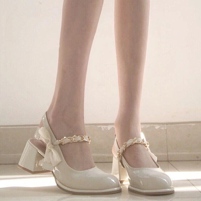 ♔ Bowknot! White Mary Jane Sandals New Bowknot Thick Heel Small High Heels