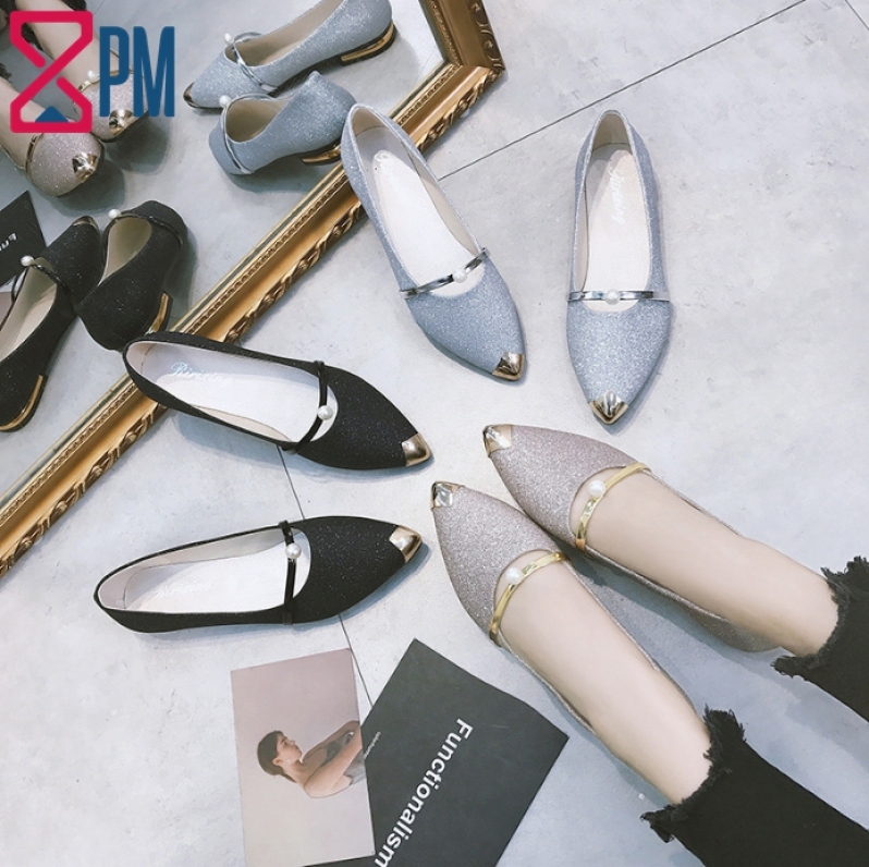 Giày Búp Bê Nữ Gót Vuông Kim Tuyến Mũi Nhọn Thời Trang G1501 giá rẻ