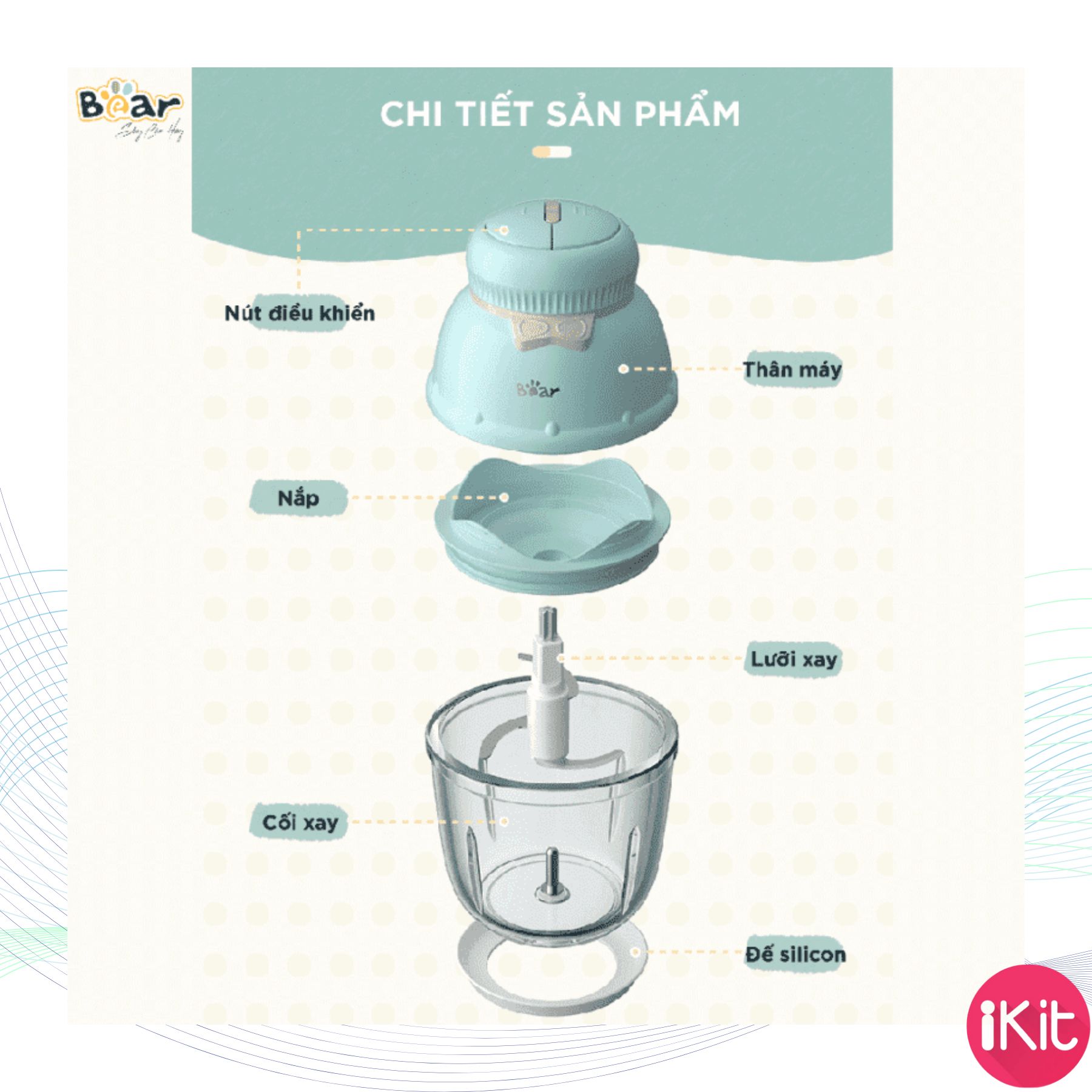 Máy xay thực phẩm mini Bear, công suất 200W, bảo hành 6 tháng