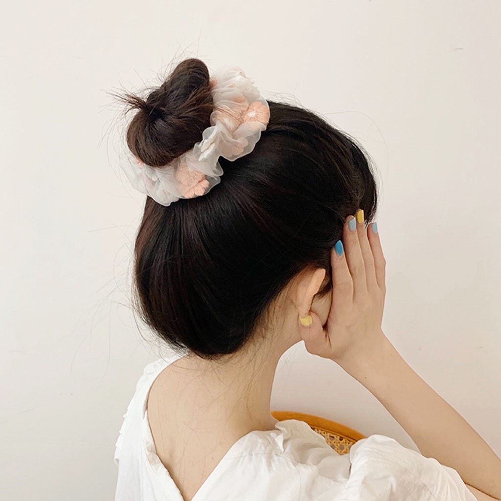 Dây cột tóc Scrunchies thêu Hoa Mai, buộc tóc vải