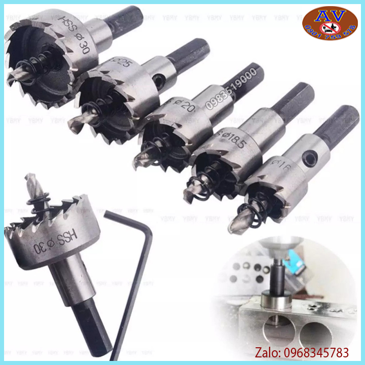 MŨI KHOAN KHOÉT LỖ HSS CAO CẤP, Bộ 5 Mũi Khoan, Mũi Khoét Kim Loại Thép HSS 6542 Kích Thước 16-30mm Có Mũi Định Tâm