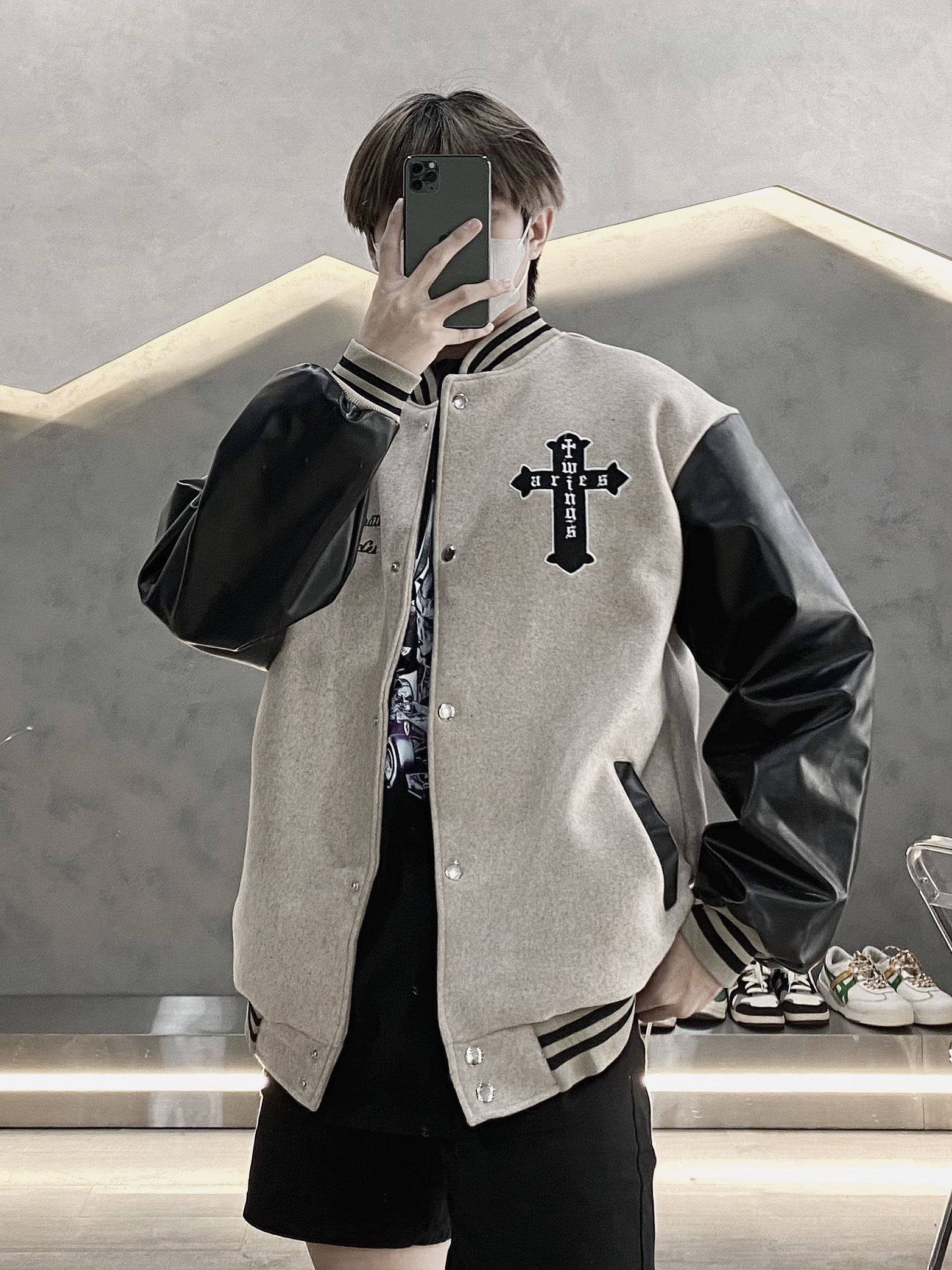 Áo Khoác Bomber Varsity Nỉ Dạ Form Crop Ngắn Phối Tay Da Thêu Hình Full Nam Nữ Unisex