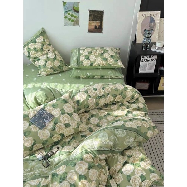 Bộ Vỏ Chăn Ga Gối 5 món Cotton poly Mẫu Hoa Hồng Xanh hot trend siêu đẹp
