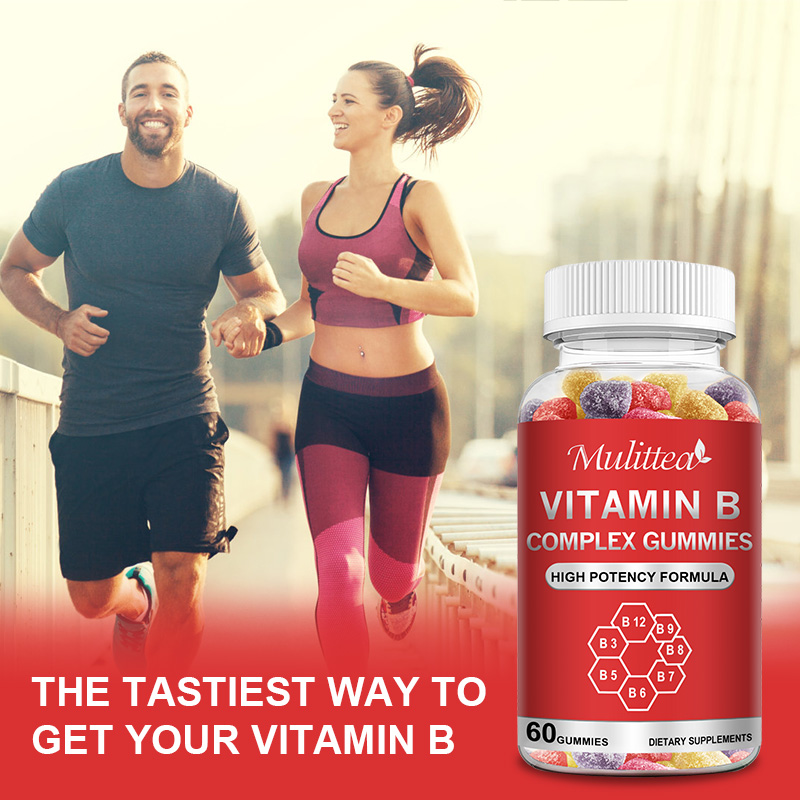 Mulittea Vitamin B Complex Vegan Gum với Vitamin B12, Biotin, B6, Niacin, B5, B6, B8, B9 cho căng thẳng, năng lượng và hệ thống miễn dịch khỏe mạnh