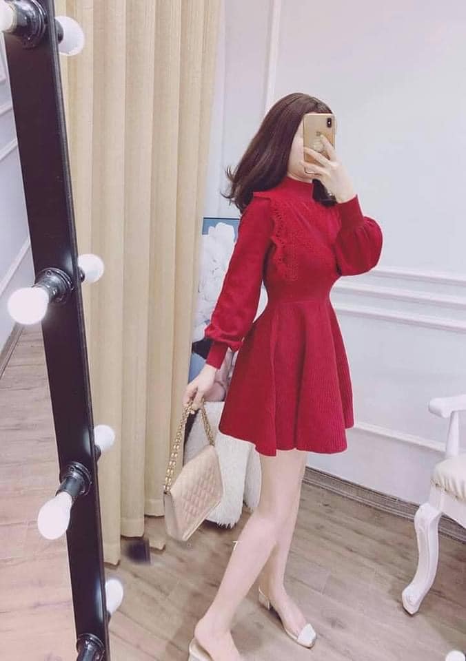 Váy len tay bồng phối ren màu đỏ siêu hót
