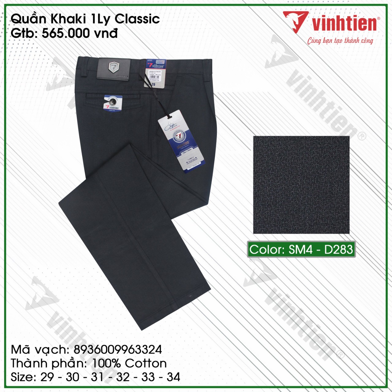 Quần Kaki 100% Cotton 1 Ly Trung Niên Vĩnh Tiến Cao Cấp Màu Đen 565