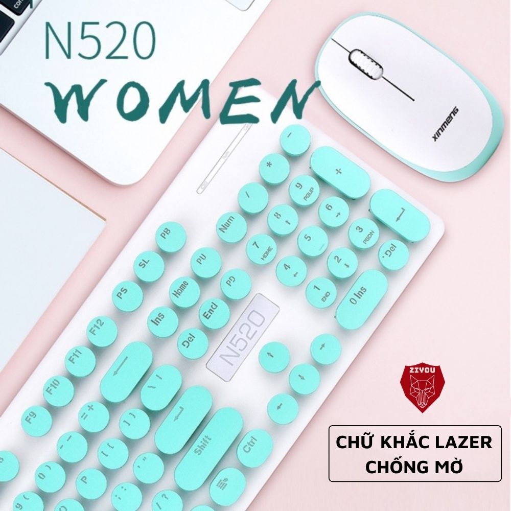 Bộ Bàn Phím Và Chuột Không Dây Màu Hồng Siêu Xinh N520, Phím Gõ ÊM, Kết Nối USB 2.4GHz Siêu Nhanh, Dùng Chip Tiết Kiệm Pin, Thiết Kế Mỏng Nhẹ Dễ Dàng Di Chuyển, Dùng Cho Máy Tính, Laptop, Tivi - ZIYOU