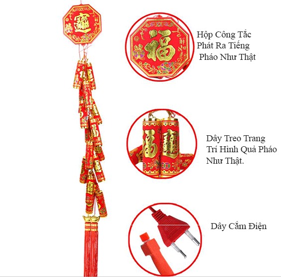 Dây pháo điện có tiếng vải nhung trang trí tết cổ truyền năm 2024