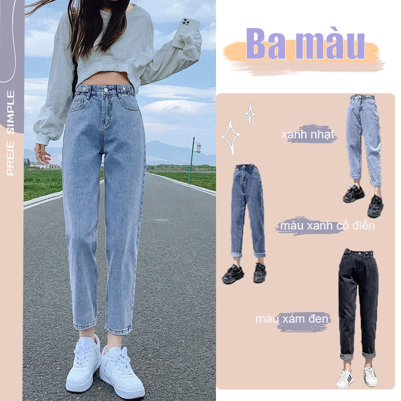 Quần jean thời trang nữ ống rộng cạp cao jeans baggy có thể điều chỉnh vòng eo quần jeans nữ ống suông rộng 9 tắc vùng eo có cúc đc điều chỉnh vùng eo quần bò ống suông nữ lưng cao che bụng phong cách Hàn Quốc hàng quảng châu