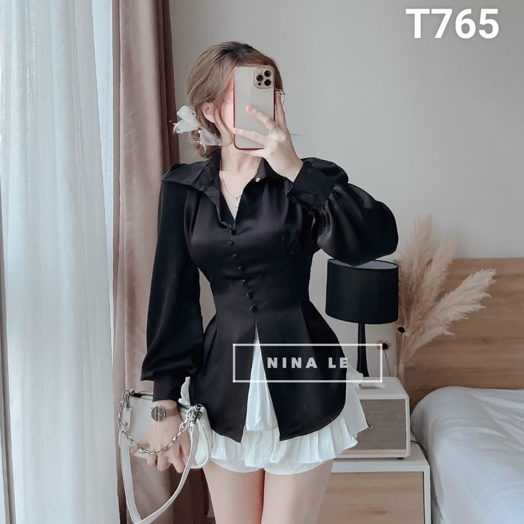 [HCM]set áo sơ mi tay dài phi lụa kèm chân váy kate xoè T765