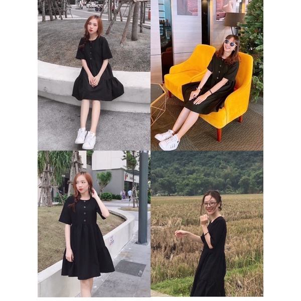 [3-5/8 Hoàn Tiền 25%]Đầm nút dừa tay ngắn