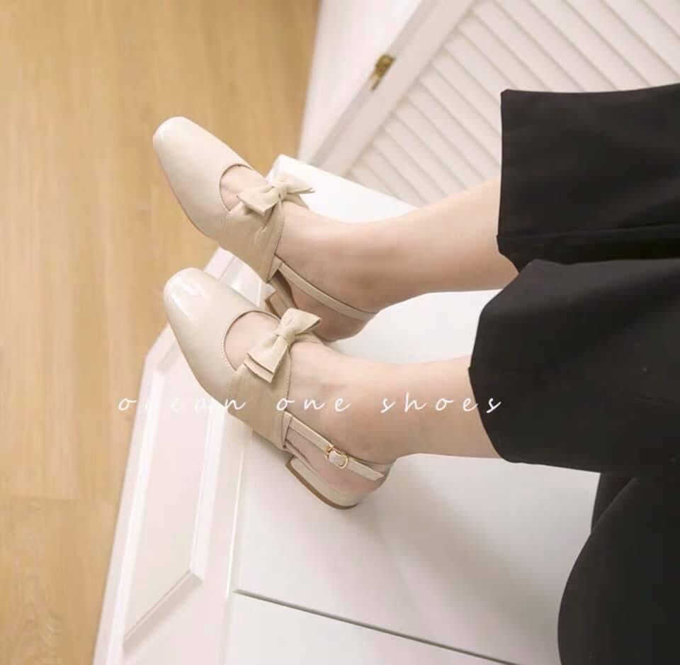 [Hoàn Tiền 15%]Dép cao gót 2p da bóng phối nơ xinh 002