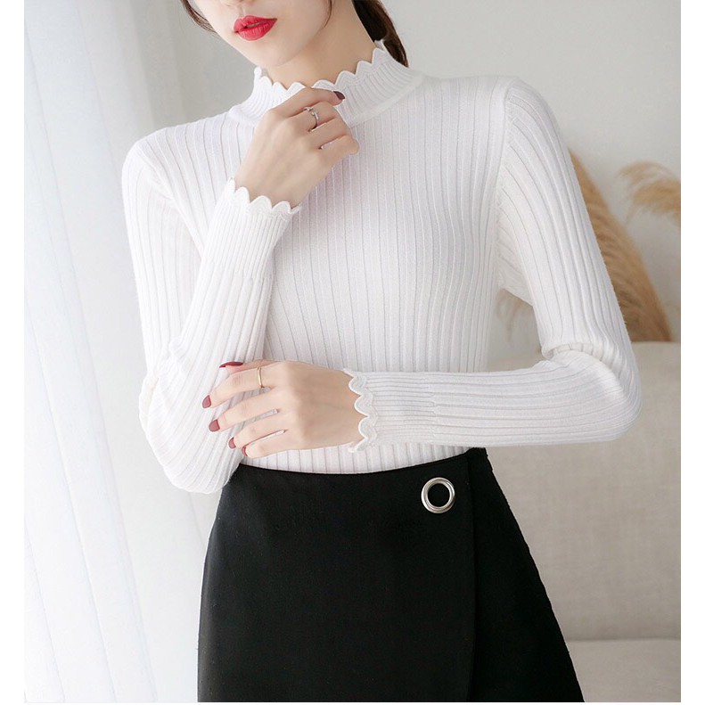 Áo thun gân tay dài cổ cao phối điệu tay & cổ cách điệu tts0979