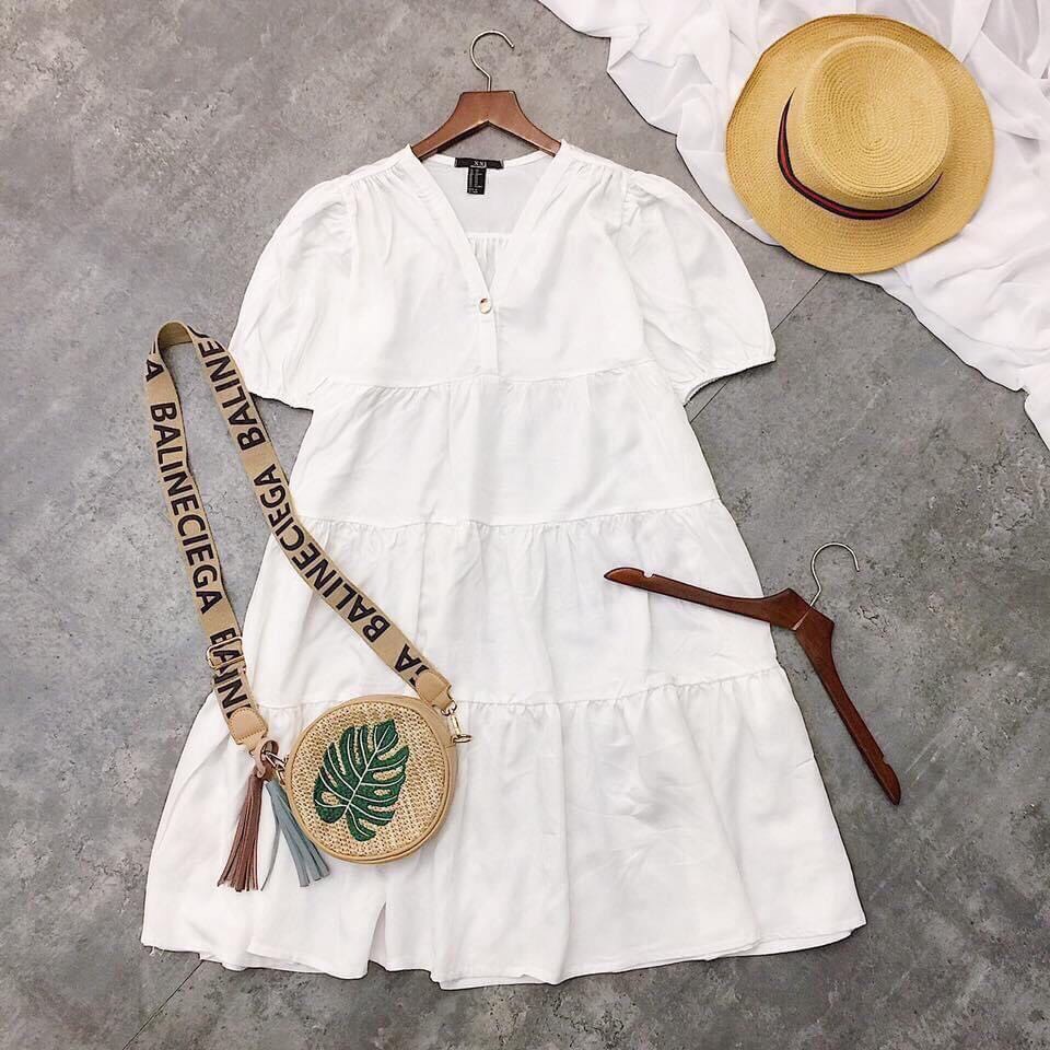 [HCM]Đầm Nữ Kiểu Baby Doll Ngắn Tay Cổ Chữ V Phối Nút Thời Trang Siêu Hot Siêu Dễ Thương