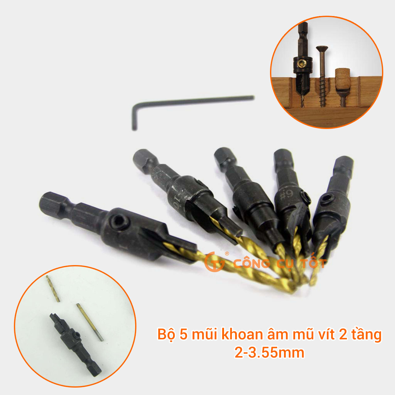Bộ 5 mũi khoan âm gỗ 2 tầng chỉnh cữ 2-3.55mm chuôi lục giác