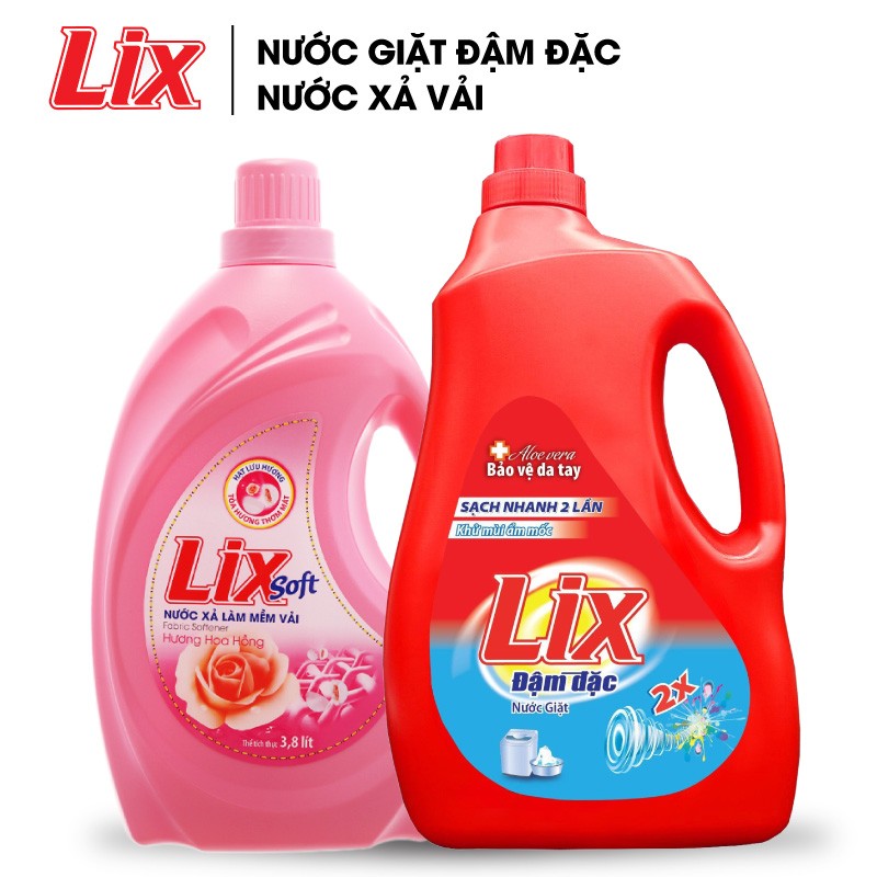 Combo Nước giặt Lix Đậm Đặc - 3,6kg và Nước xả vải Lix Soft hương Hoa hồng - 3,8L