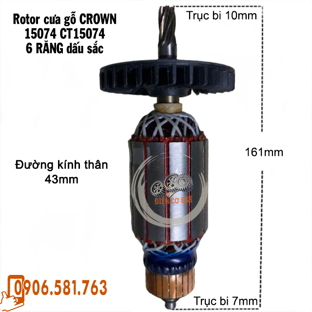 Rotor cưa gỗ CROWN 15074 CT15074 - 6 răng dấu sắc Thân 43mm - Tặng chổi than