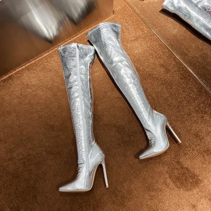 silver thigh high boots cheap