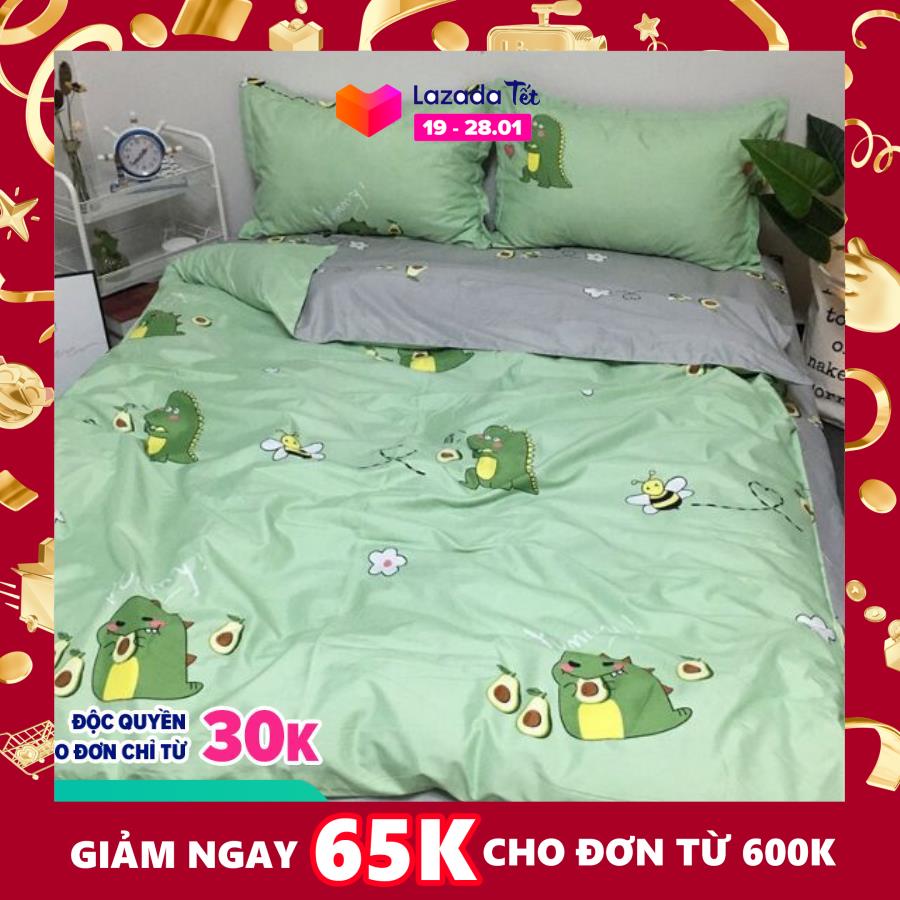 Bộ ga và 2 vỏ gối Mẫu KHỦNG LONG BƠ Chất Cotton Poly, kiểu dáng Hàn Quốc với mùa sắc sang trọng, trẻ trung trên chất liệu thun mềm mát.