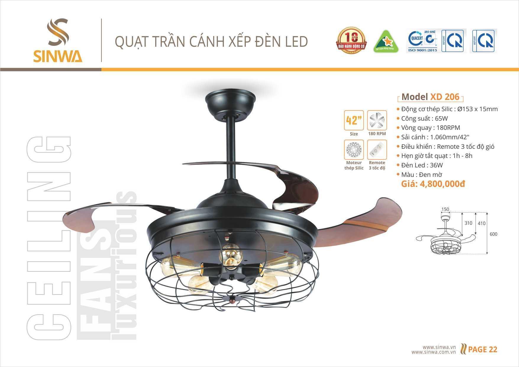 QUẠT TRẦN CÁNH XẾP ĐÈN LED SINWA XD206 (Hàng chính hãng)