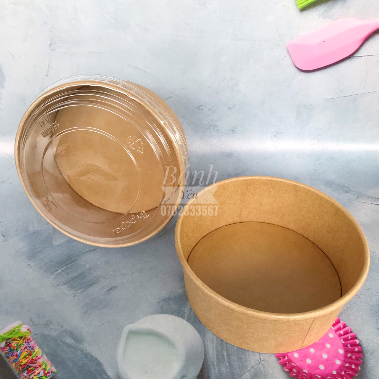 Bộ 5 Hộp giấy tròn Kraft nắp trong PET đựng bánh