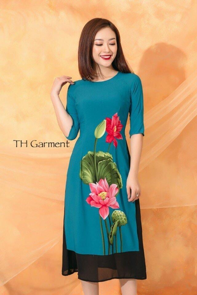 Sét áo dài cách tân liền váy hoạ tiết hoa sen