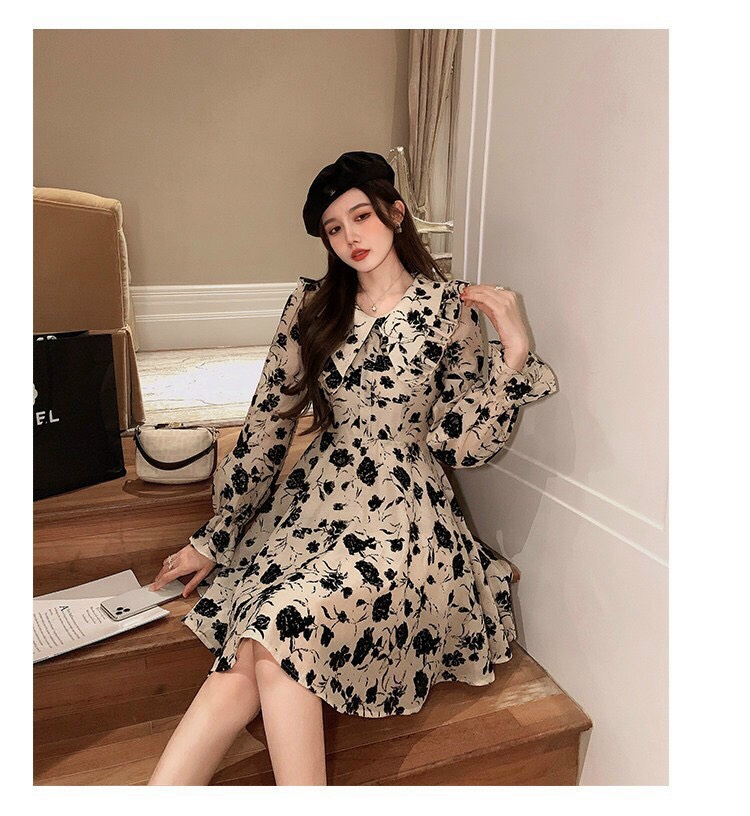ĐẦM HOA MANGO ĐEN TRẮNG CỔ SEN XINH LUNG LINH LT