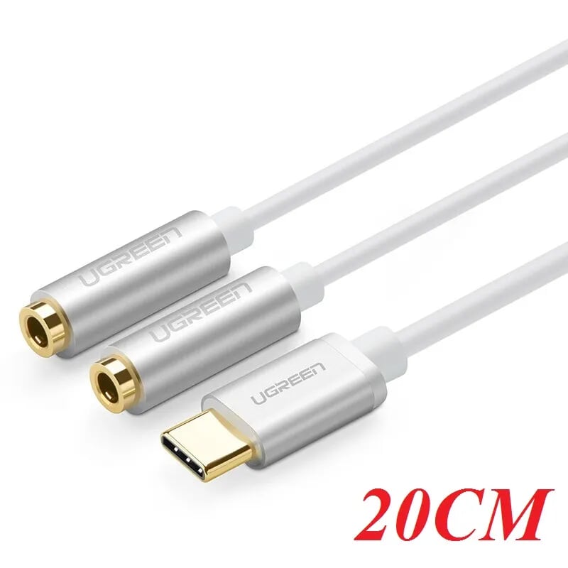 Ugreen 30732 20cm màu trắng cáp chuyển đổi type c sang 2 đầu 3.5mm đầu mạ vàng av144