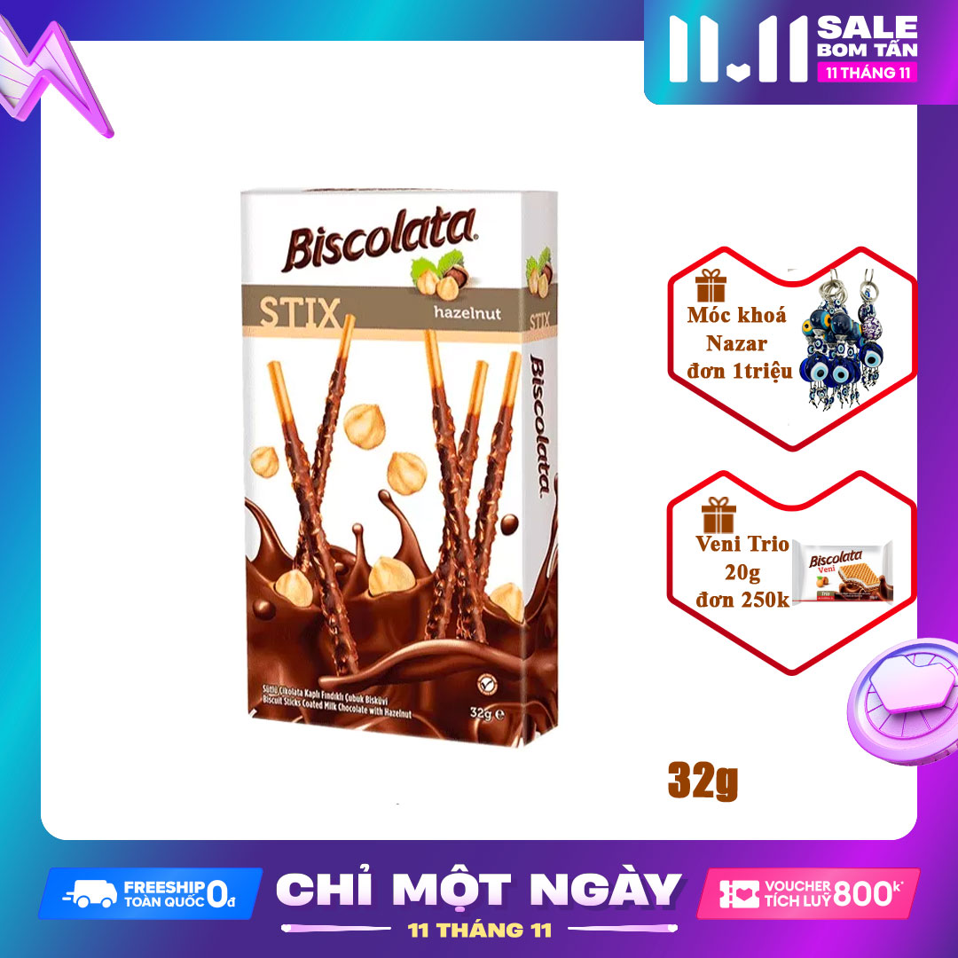 Bánh que Socola hạt phỉ Biscolata Stix 32g
