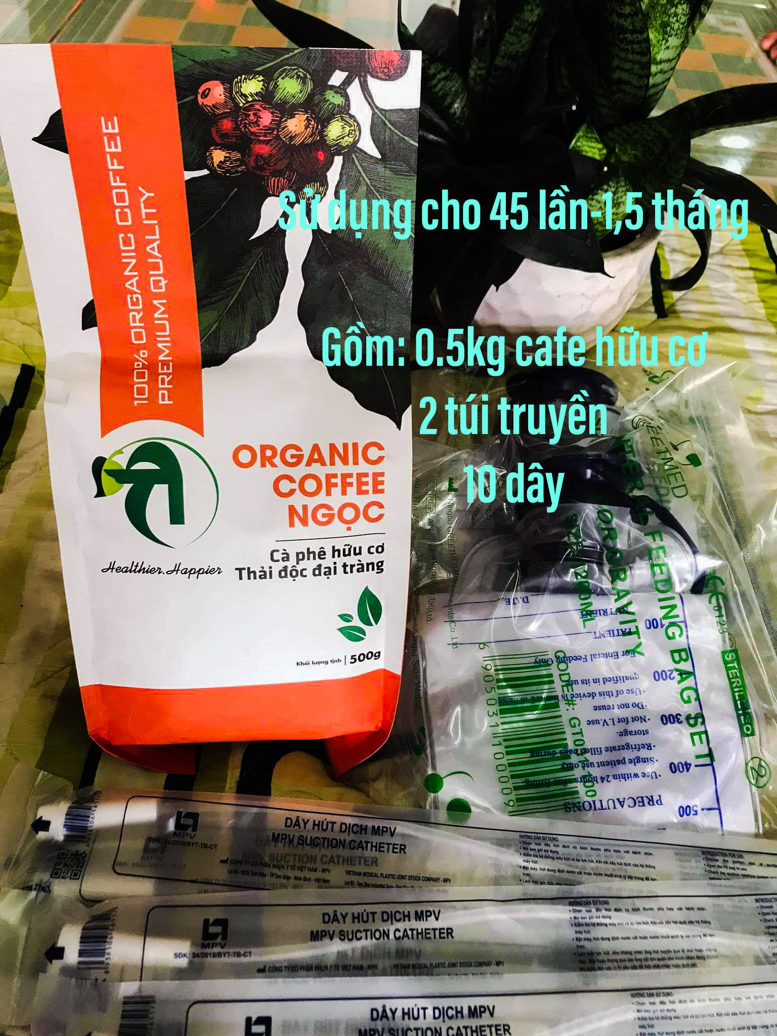 Cafe thải độc đại tràng gồm 0.5kg cafe+ 2 túi+10 dây NgocOrganic