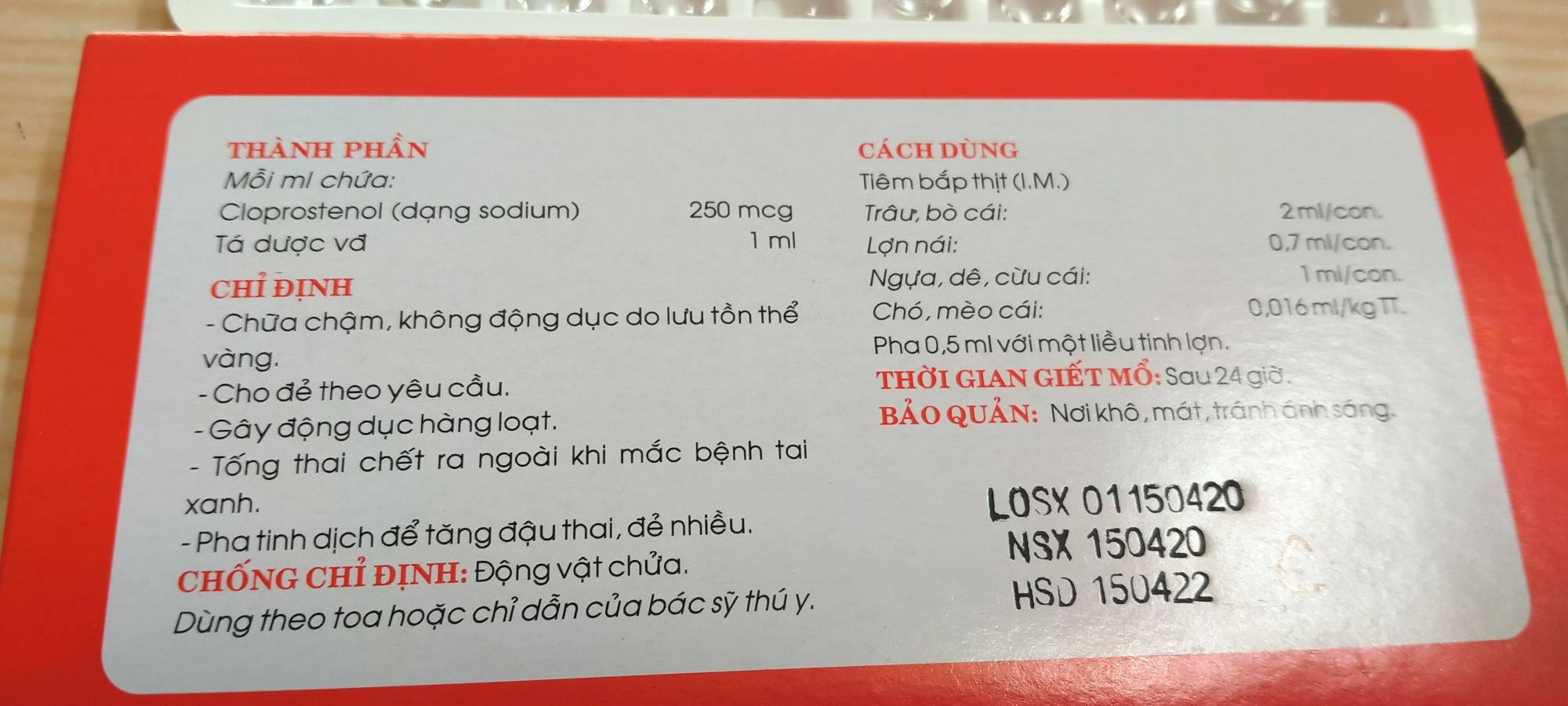 tan thể vàng,đẻ sớm, động dục hanprost 2ml x 10 ống