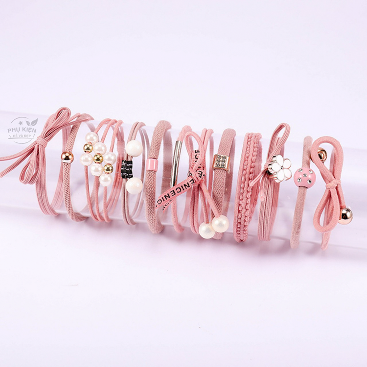 [HCM]Set 12 thun cột tóc Hàn Quốc dễ thương - Gồm hộp (Màu hồng)