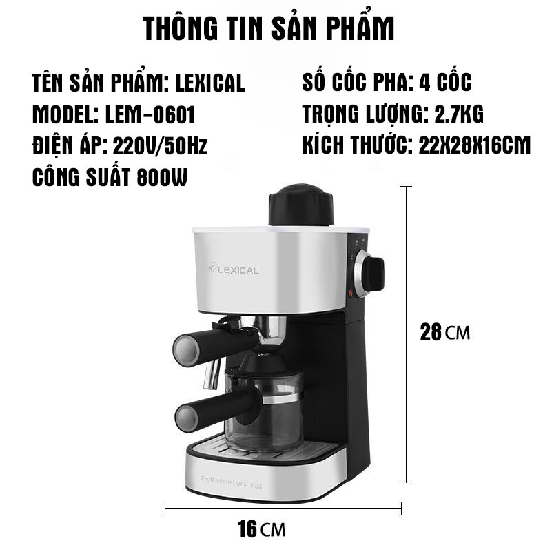Máy pha cà phê LEXICAL automatic, bảo hành 12 tháng