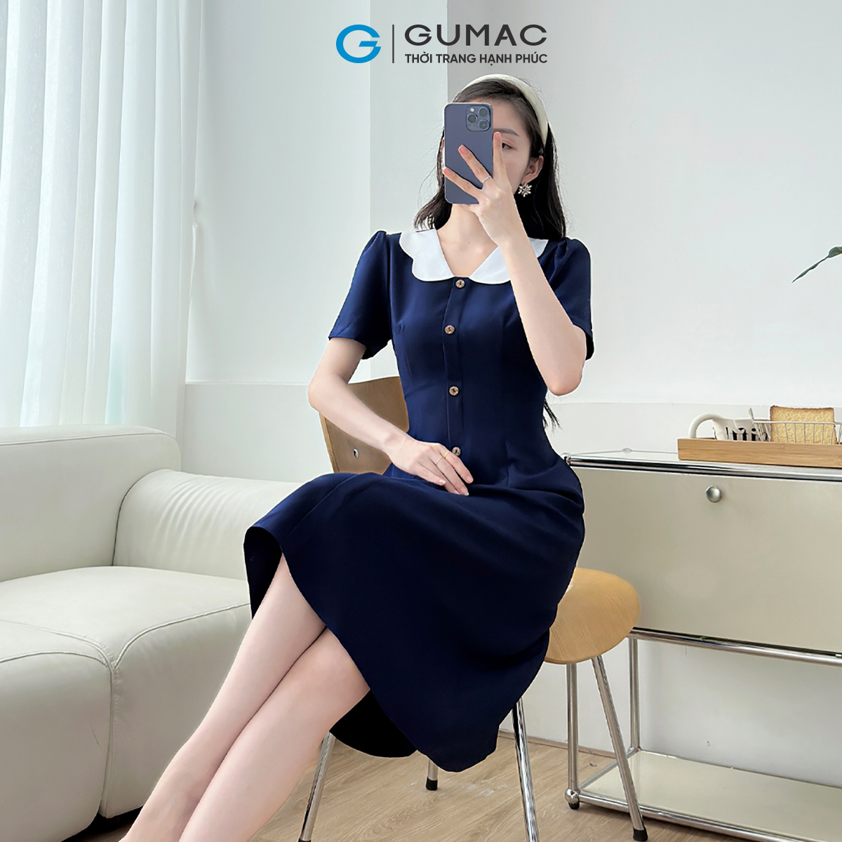 [MUA 2 GIẢM THÊM 50K] Đầm Dáng A Nữ GUMAC Váy Công Sở Phối Bâu Trắng Dáng Dài Qua Gối LDD1214