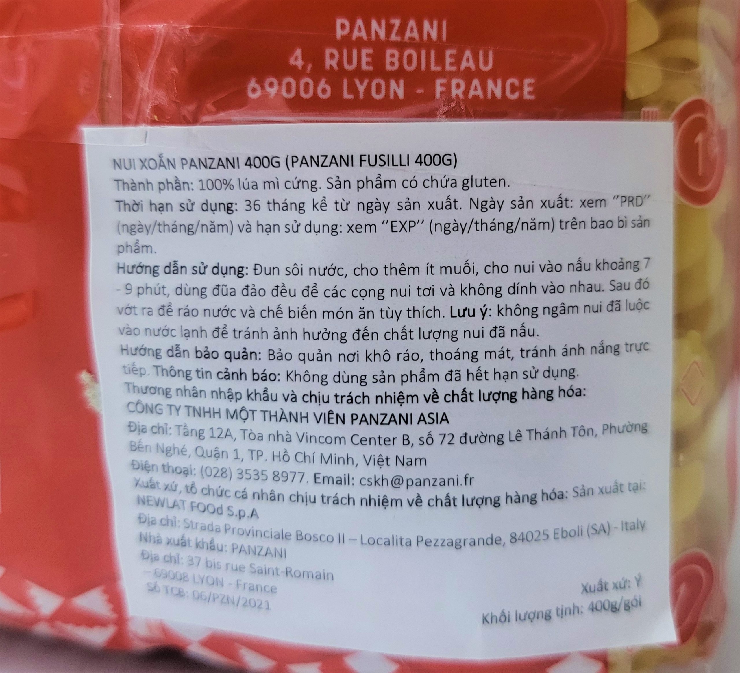[Gói 400g] NUI XOẮN [Italia] PANZANI Fusilli Pasta