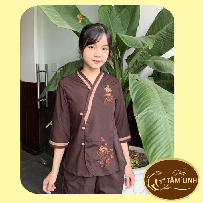 Đồ Lam Đi Chùa _ Mẫu Cài Xéo Thêu Sen