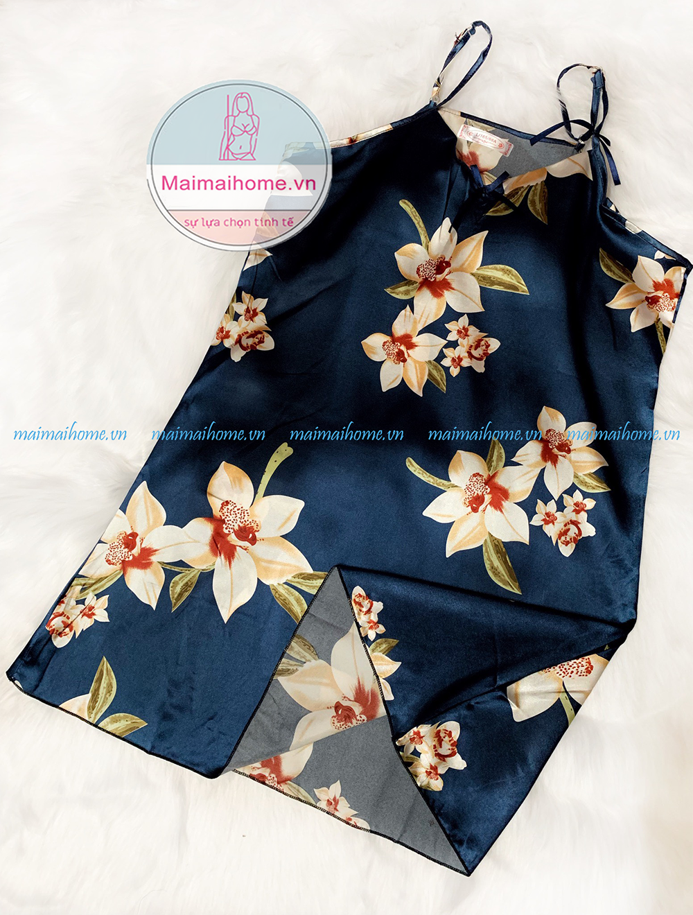 VÁY/ĐẦM NGỦ 2 DÂY HOA XANH LỤA SATIN [Maimaihome]