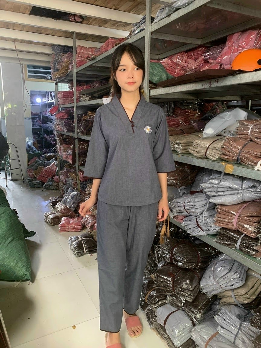 Đồ lam đi chùa nữ vải kate Mẫu hoa cúc