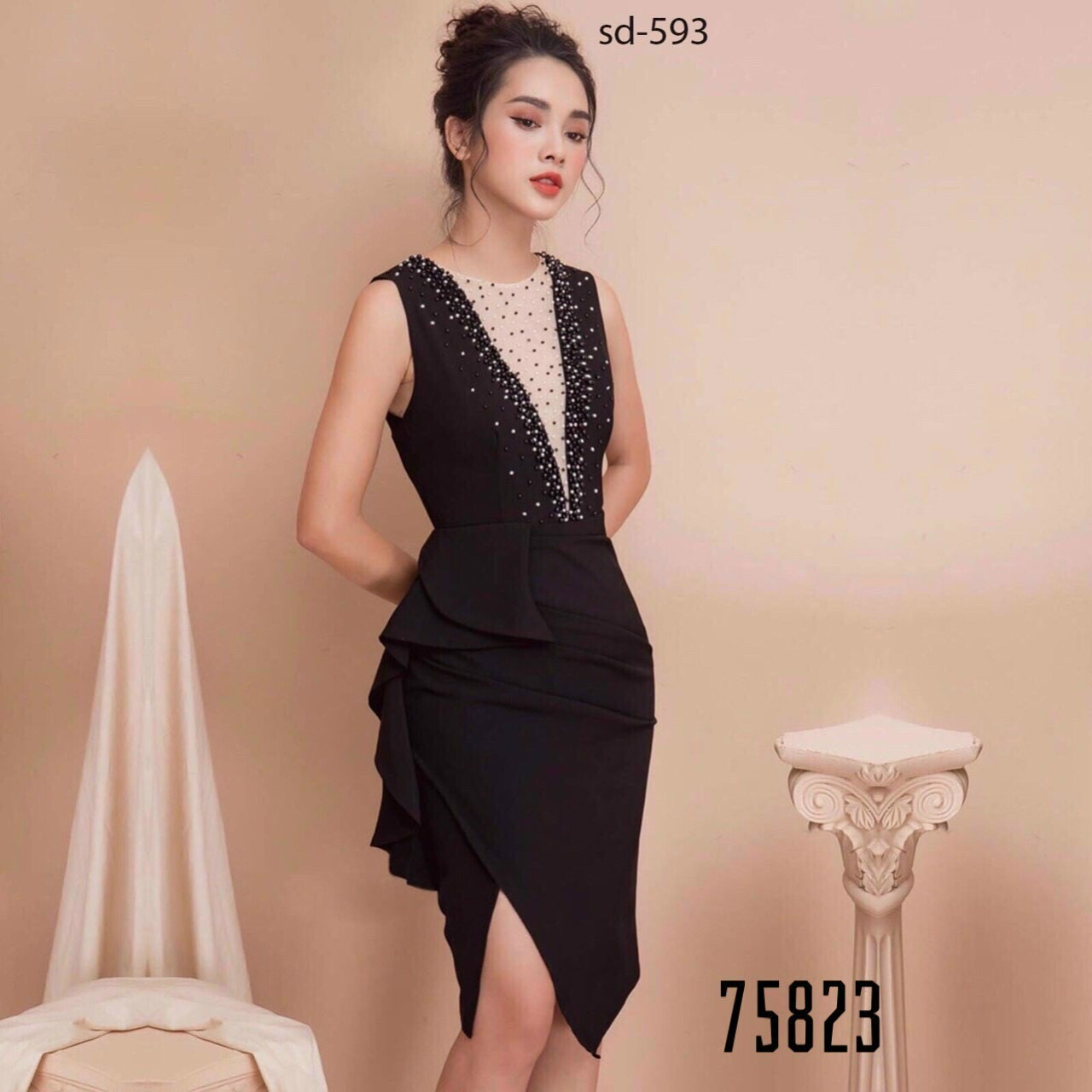 [HCM]Đầm body dự tiệc cổ V ép đá sang chảnh