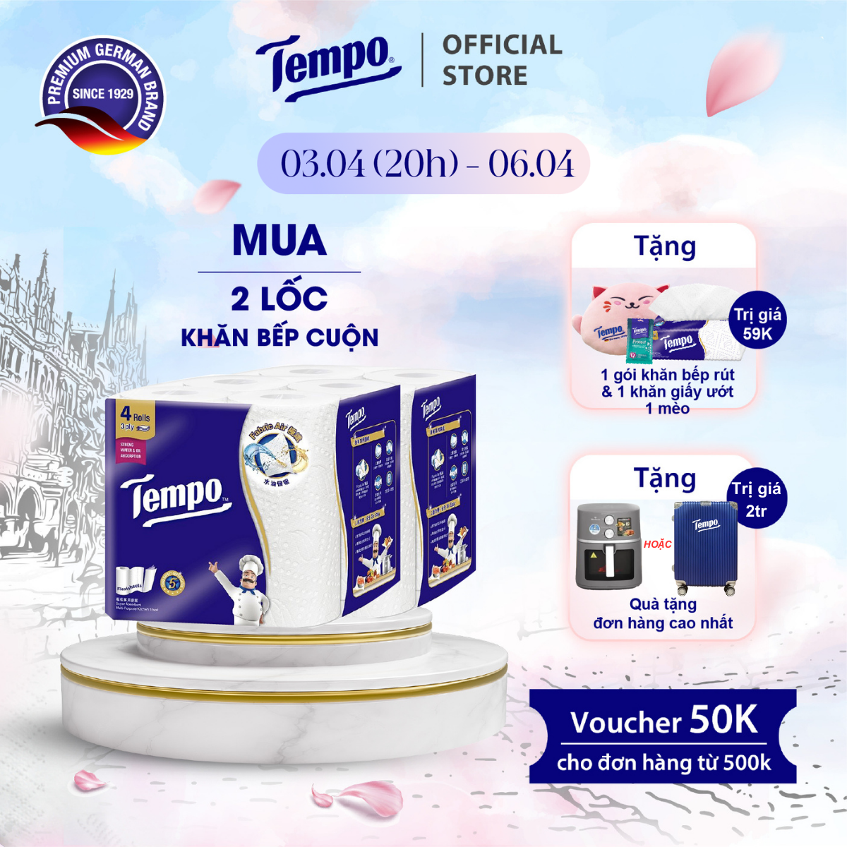[2 LỐC BẾP CUỘN] Khăn Giấy Bếp Cuộn Đa Năng Siêu Thấm Tempo (Lốc 4 Cuộn)