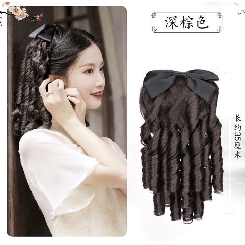 Tóc giả búi kèm nơ xoăn lọn dạng cài, retro cổ điển dành cho trung niên Qiqishop