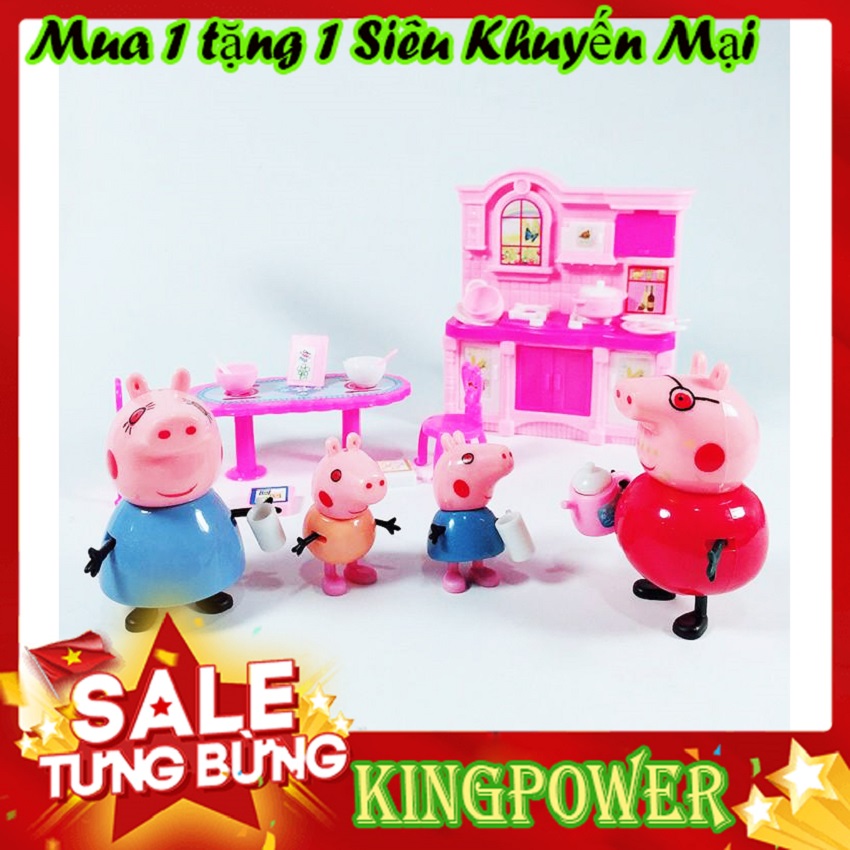 Đồ Chơi Bếp Heo Hoạt Hình 552B-9 KINGPOWER - Màu Hồng Chủ Đạo, Có 4 Nhân Vật Dễ Thương, Phụ Kiện Tủ Bếp Và Bàn Ghế Ăn Nhiều Chi Tiết