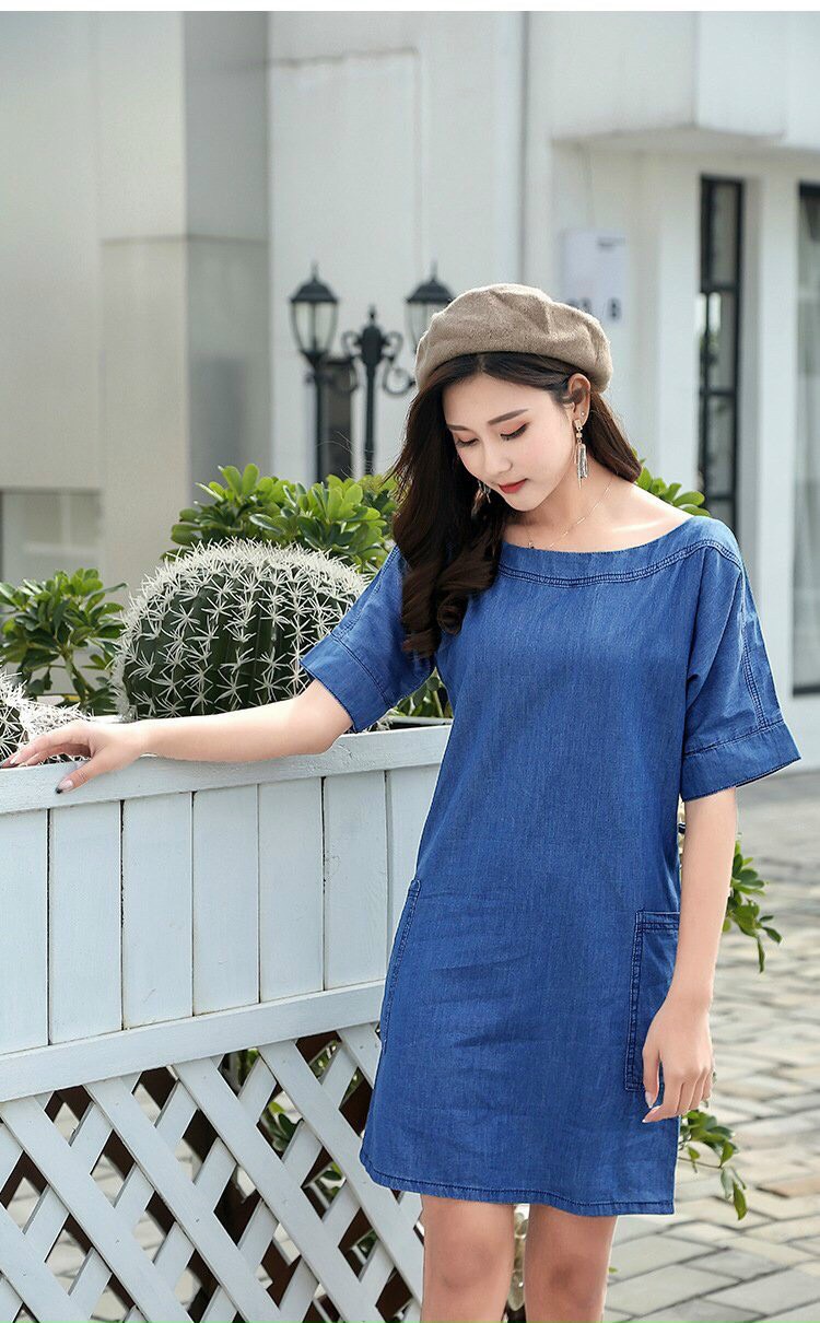mẫu mới đầm jean suông denim 2 túi