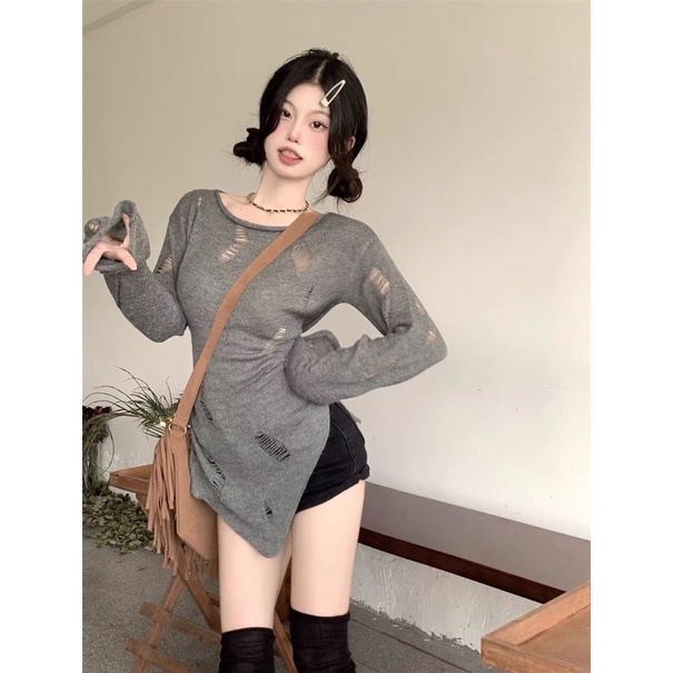 (Sẵn - Ảnh thật) ÁO LEN TAY DÀI RÁCH VẠT CHÉO | Sugarblingbling