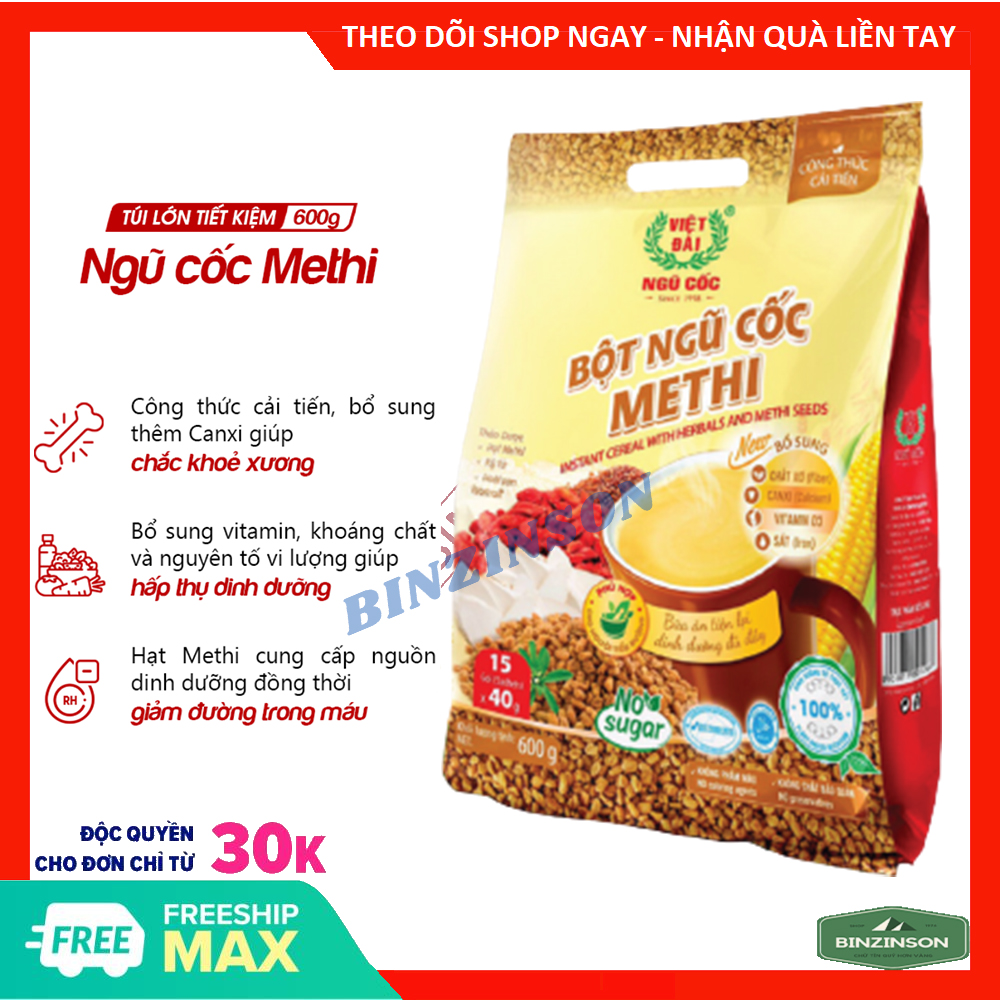 Bột ngũ cốc methi việt đài 600g 15 gói x 40g mẫu mới công thức cải tiến - binzinson