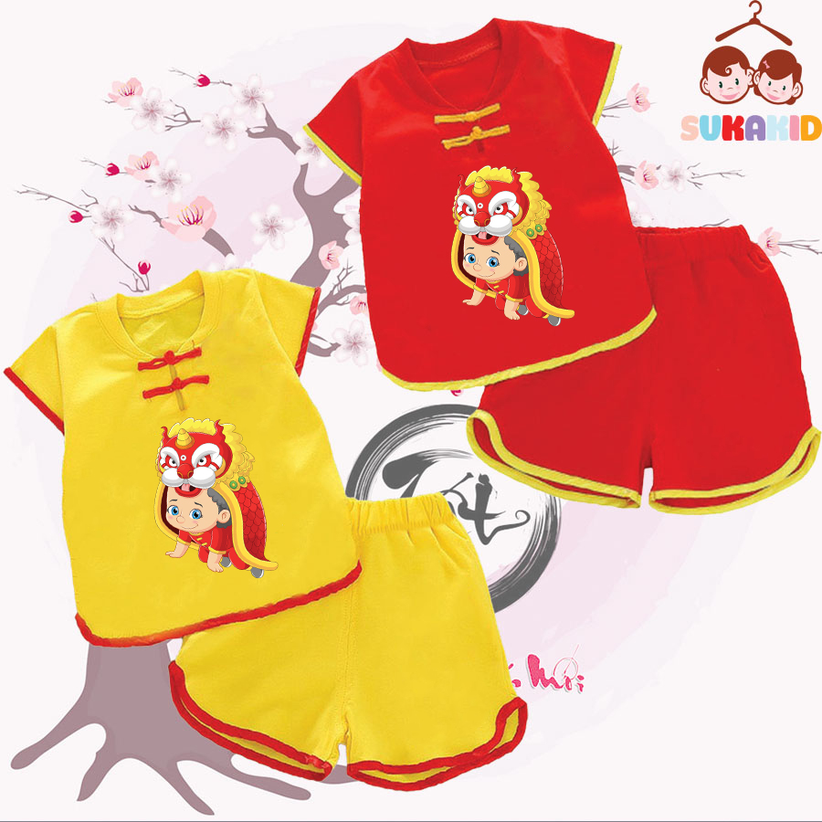 Combo 2 Bộ quần áo tết đồ tết cho bé nút tàu tết xuân hình múa lân cho bé từ 6kg-29kg.NT03.