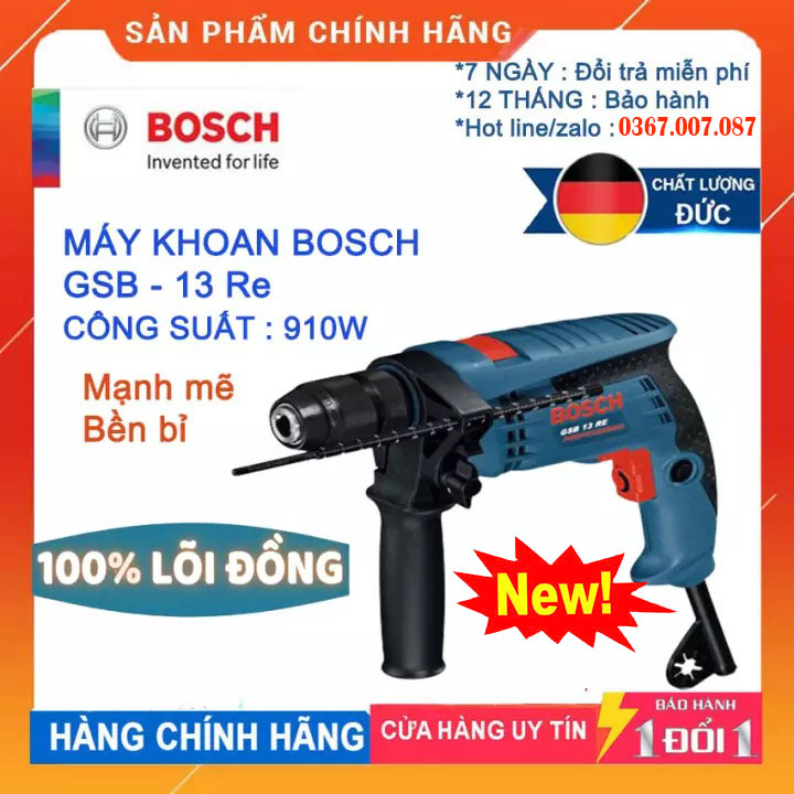 MÁY KHOAN BOSSCH GSB 13RE,KHOAN ĐIỆN CÔNG SUẤT 910W HÀNG CHÍNH HÃNG CAO CẤP CÓ HỘP ĐỰNG CHẮC CHẮN . Khoan các bề mặt cứng như tường bê tông đồ nội thất đồ gỗ... Dễ dàng. Bảo hành TOÀN QUỐC