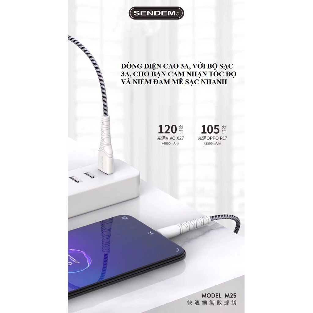 [SẠC NHANH] Cáp Dù Sac  Nhanh Sendem M25, Chân Lightning , Micro Usb,Dây Dù Chống Đứt