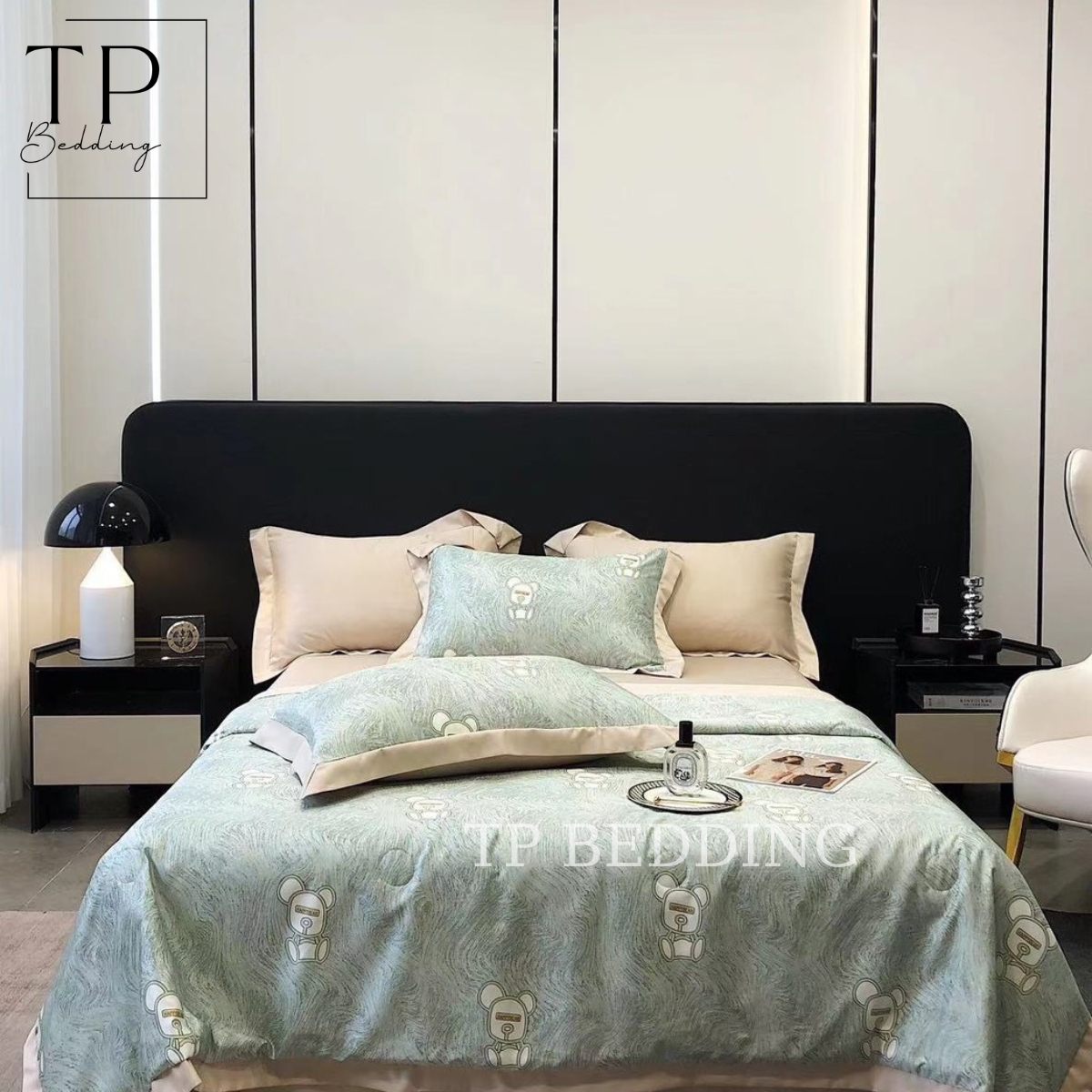 Bộ chăn ga gối phi lụa cao cấp thêu họa tiết Genji Decor