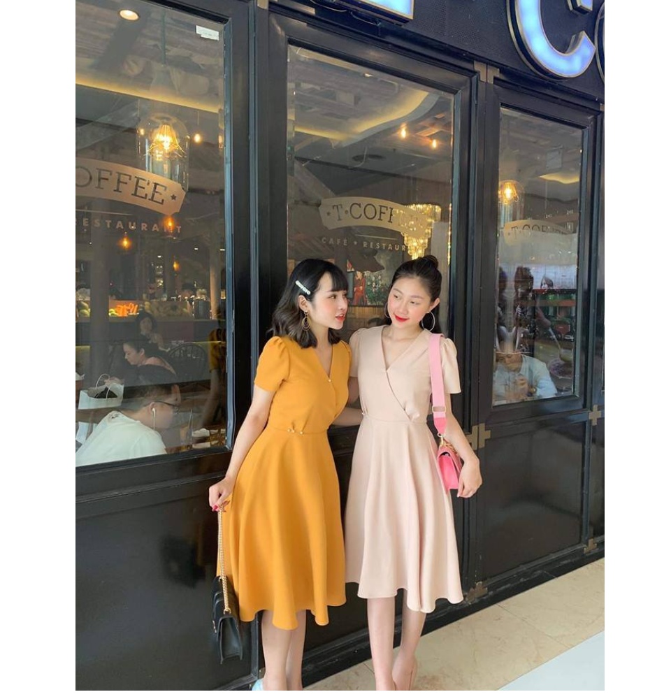 Đầm Nữ ( Váy Nữ ) Xòe Cổ V Phong Cách Thời Trang Bambo